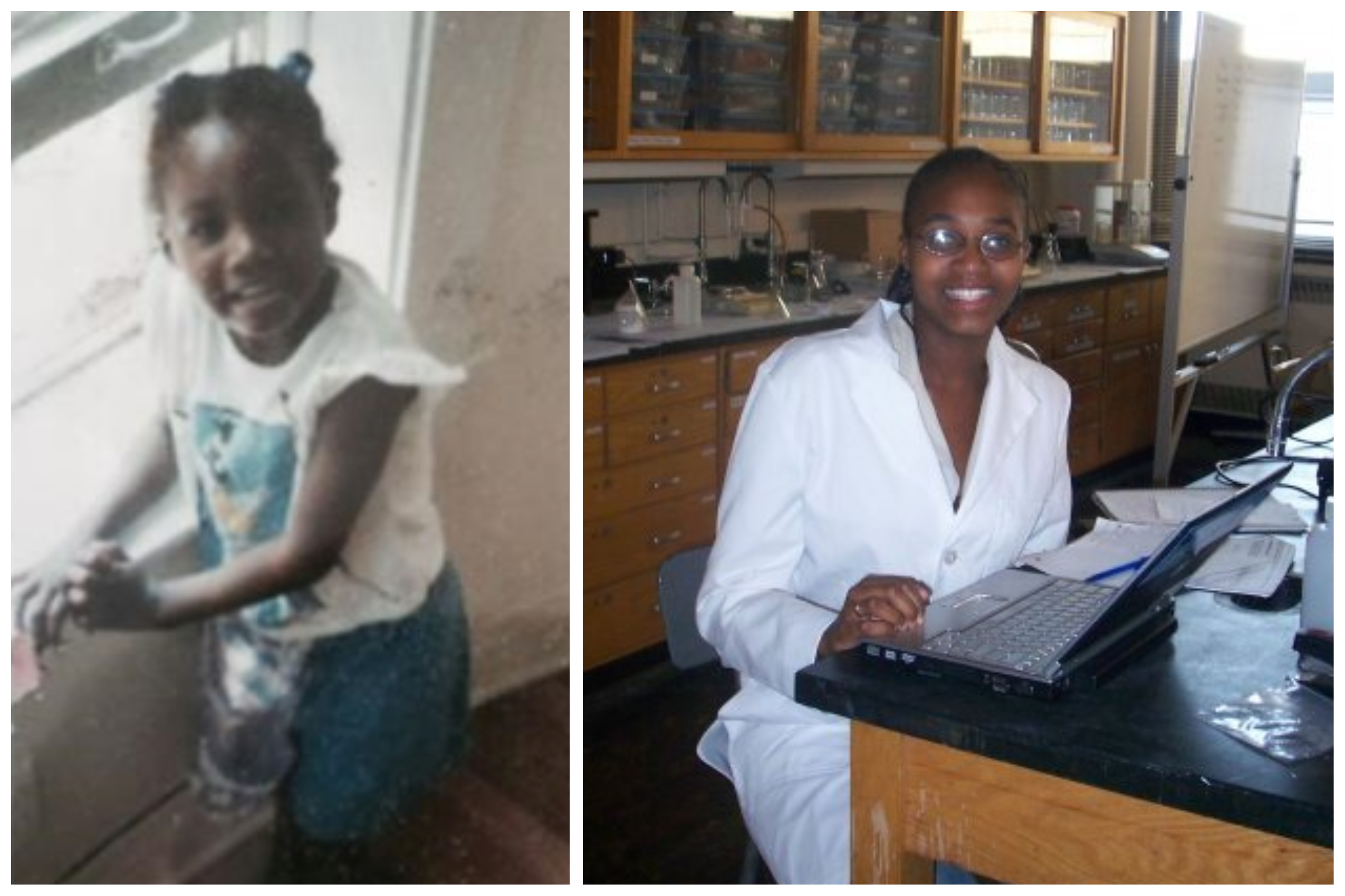 Left, a young child stands next to an open window; right, a young woman sits at a lab table with a laptop in front of her.