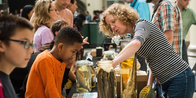 a woman stands showing jars of specimens to visitors, including children