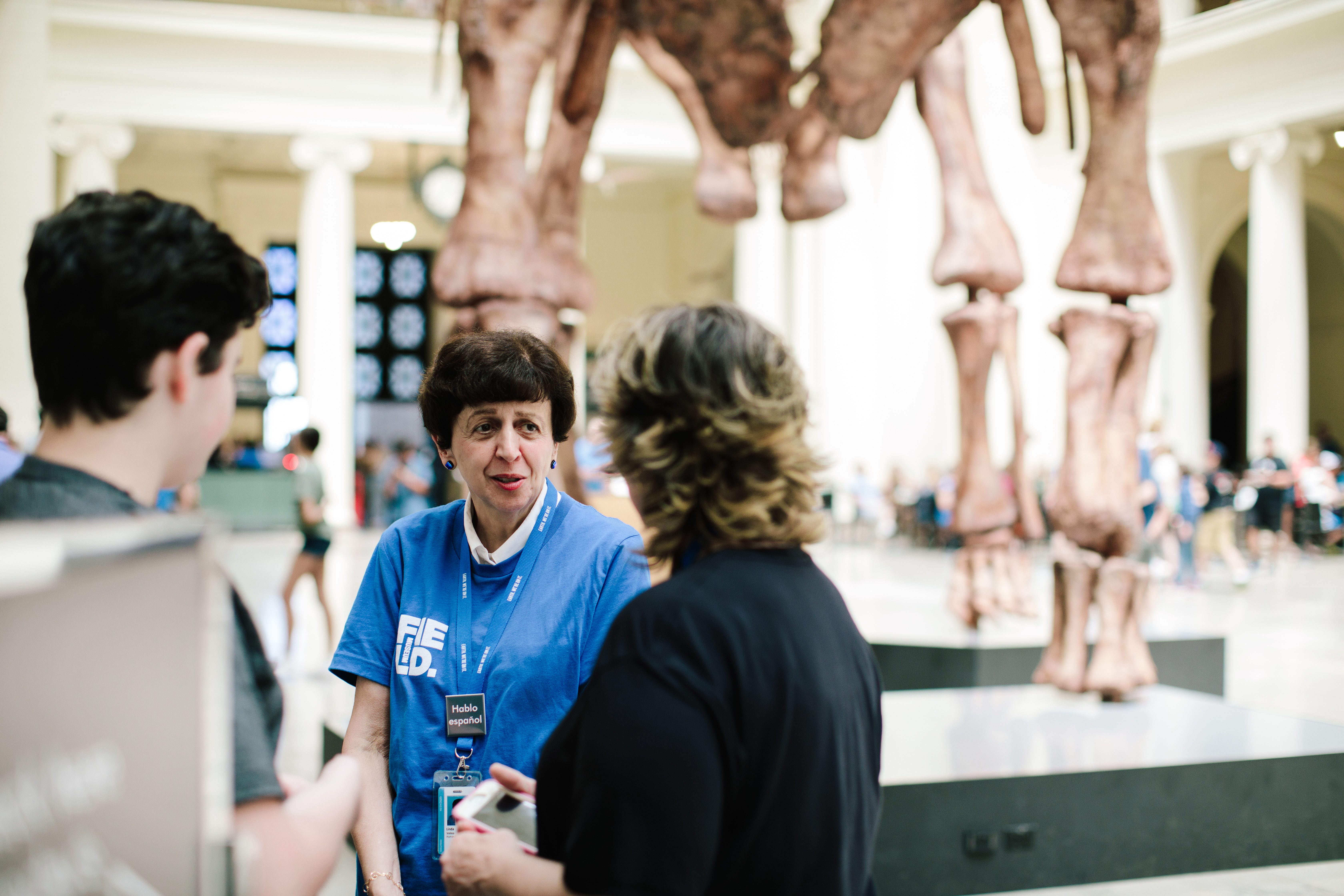 a museum volunteer talks with visitors, a large dinosaur fossil in the background