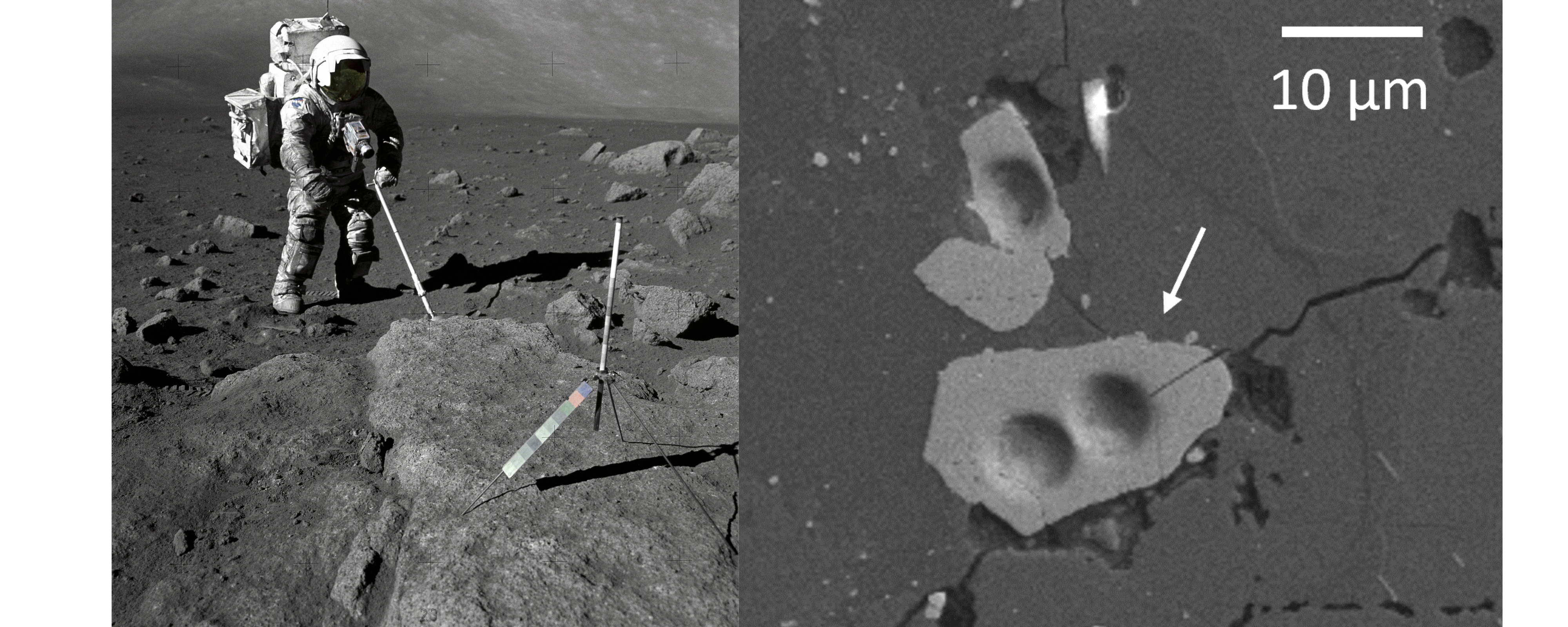 Left: Apollo 17 astronaut Harrison Schmitt, covered in moon dust. Photo courtesy of NASA. Right: A lunar zircon grain under a microscope.