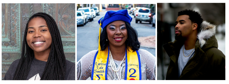 a three image panel, left, a woman with long braids, center, a person wearing a graduation cap and stole, right a man wearing a hooded jacket