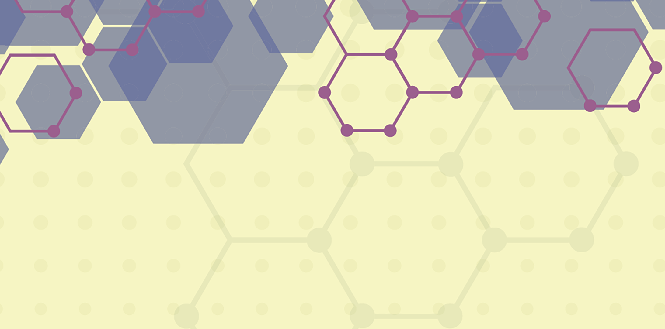 Exhibition graphic design; light yellow background with purple and blue hexagons