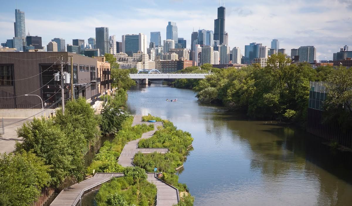 A river in a city, lined with trees, plants and some pathways. A city skyline with skyscrapers in the background.