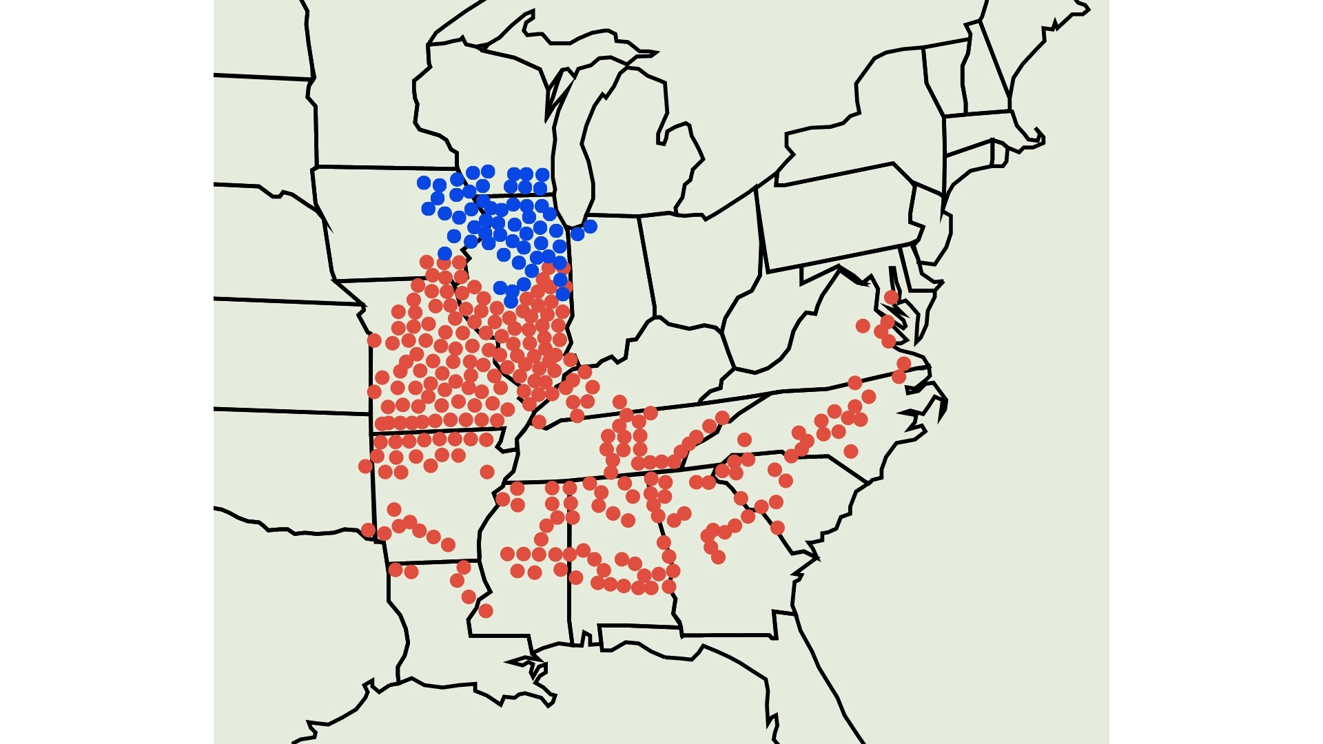 A map using red and blue dots to show locations where the double emergence of 13-year and 17-year periodical cicada broods will occur throughout the Midwest and Southeast United States.