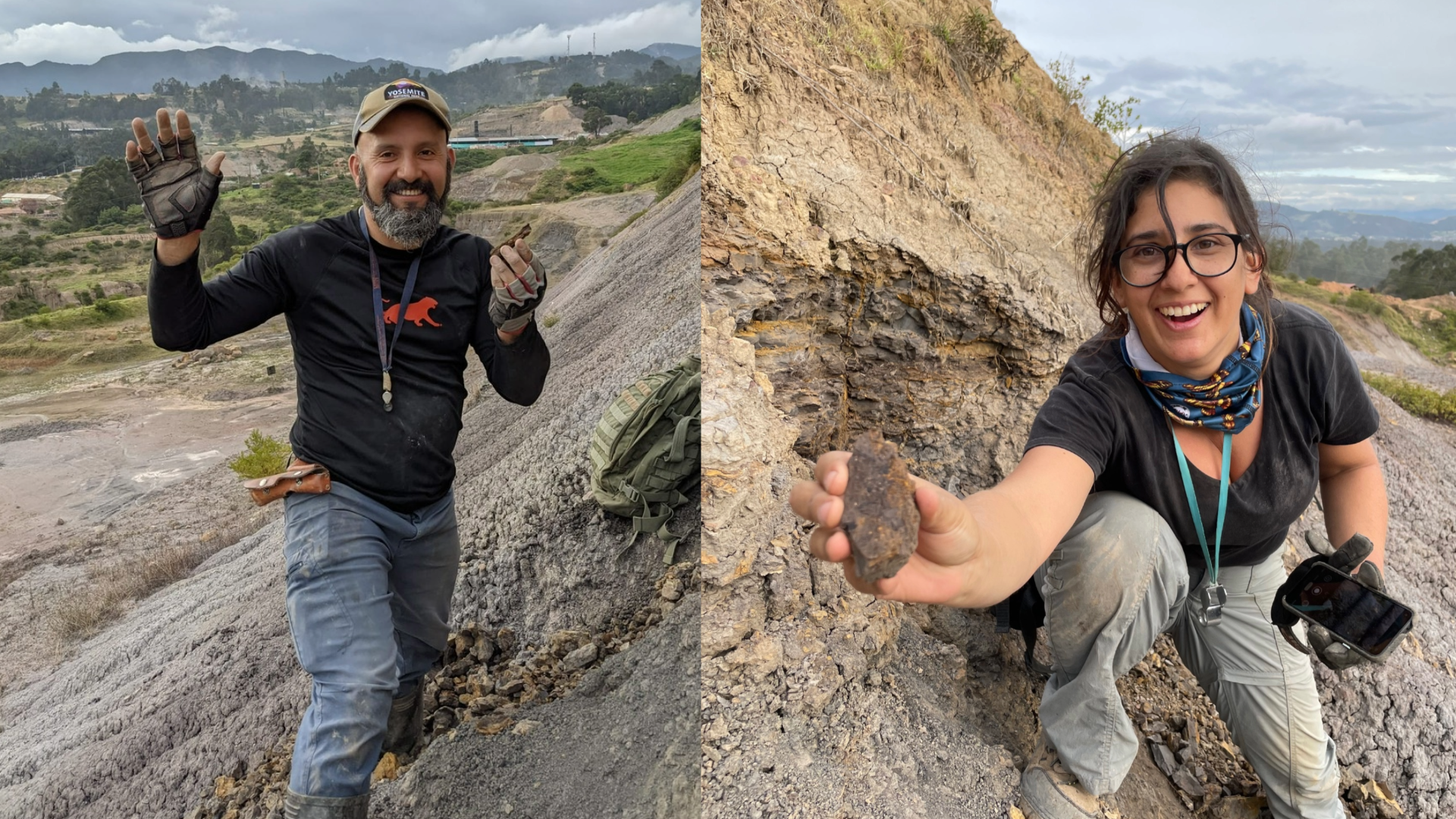two people holding fossils