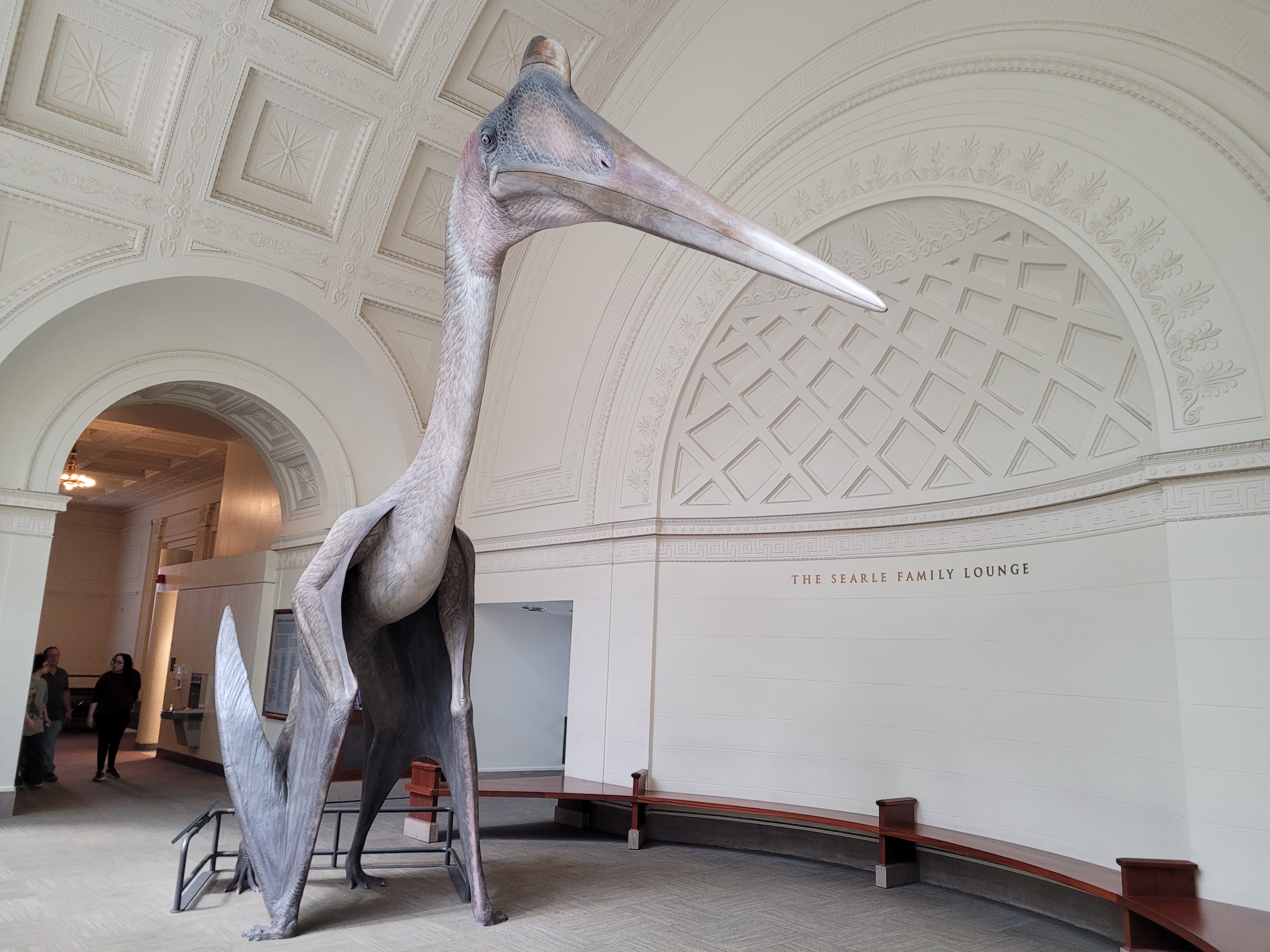 A life-size model of a quetzalcoatlus sits in a space with domed white ceilings.