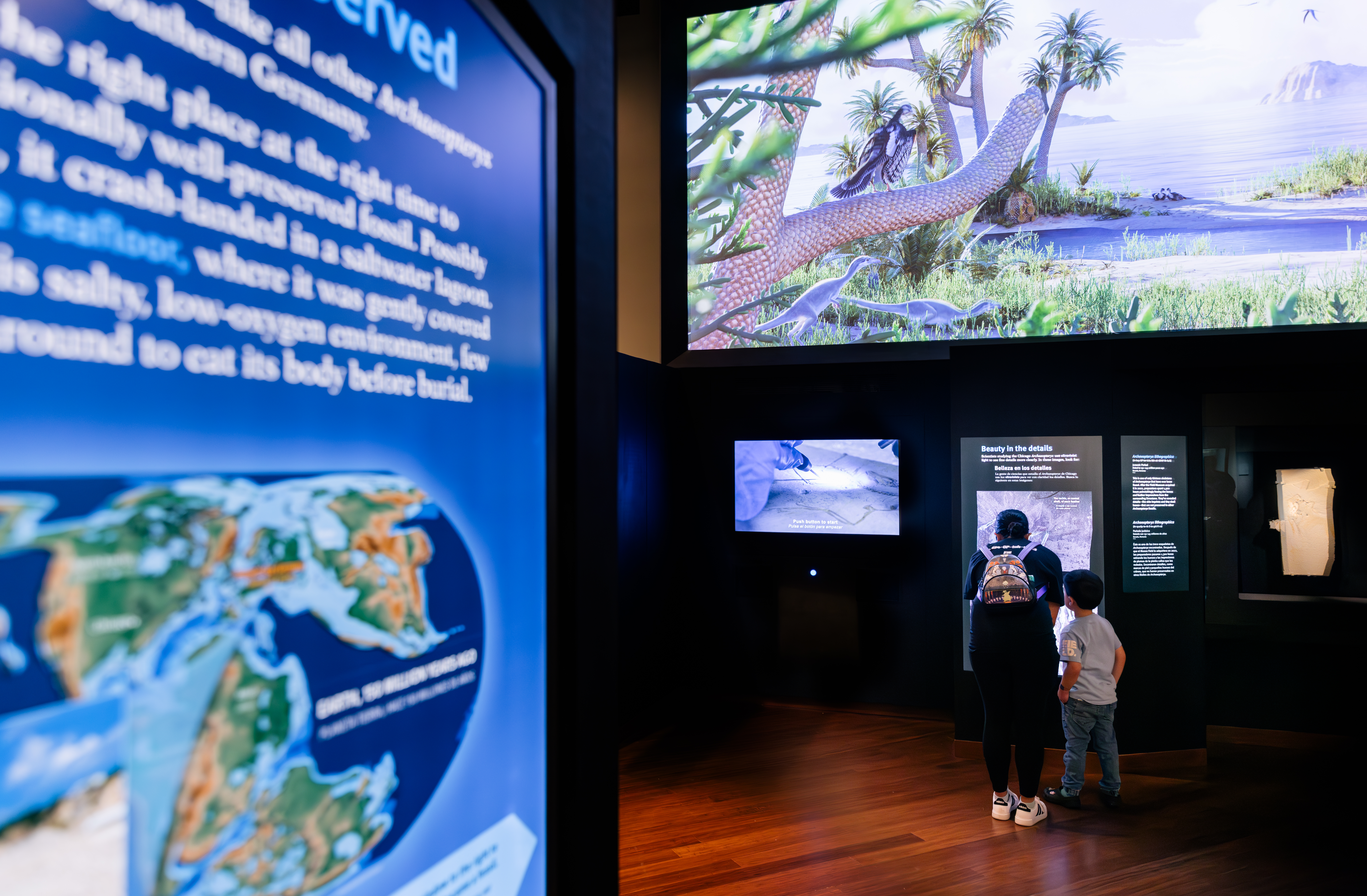 Museum visitors stand in a museum exhibition, reading a graphic panel. Other multi-media can be seen surrounding them.