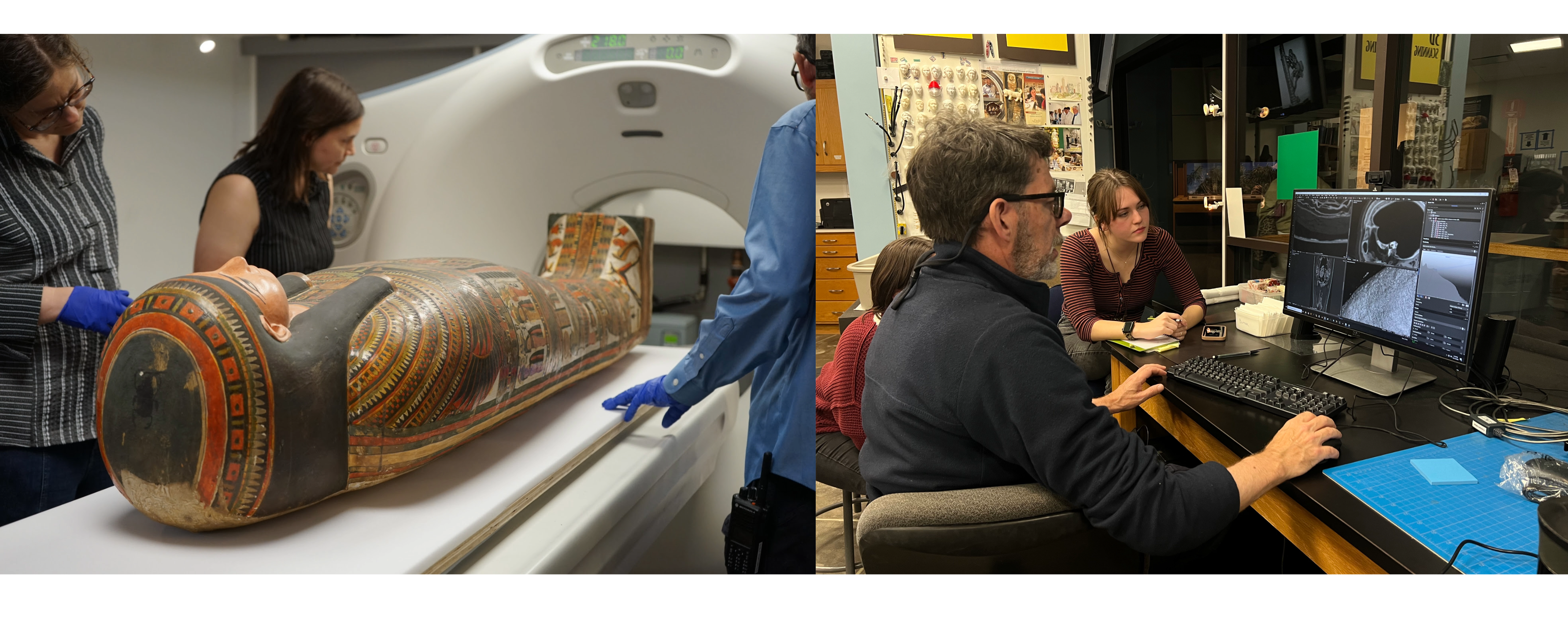 Left, A funerary box that contains an embalmed body is loaded into an MRI machine; Right, A man sitting at a desk looking at a computer with the images from an MRI of mummified remains. Two others sit near, looking at the computer.