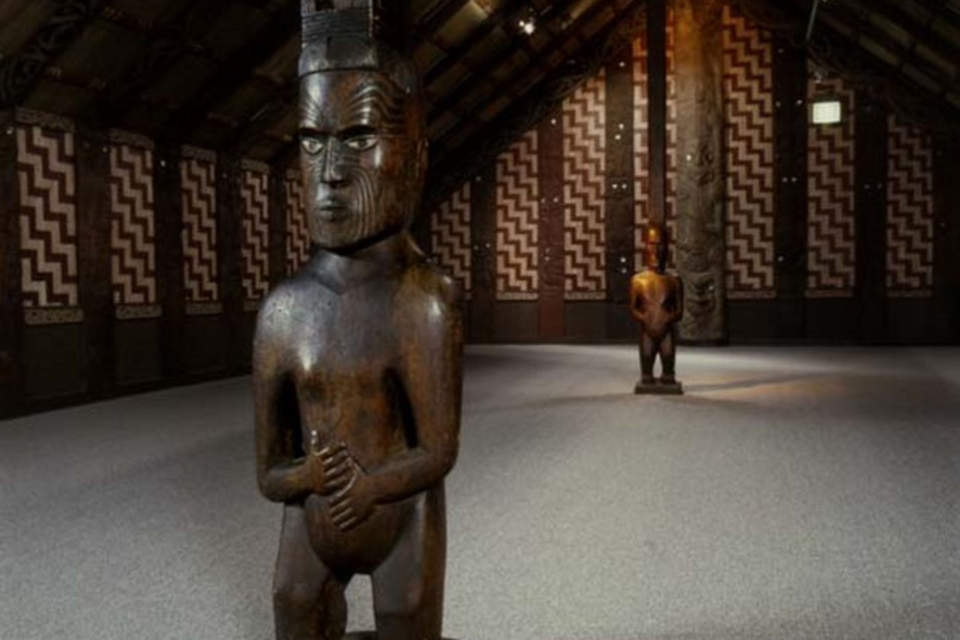 Detail of interior of Ruatepupuke II – wharenui – Maori meeting house from Tokomaru Bay, New Zealand. Catalog Number 967.143961.