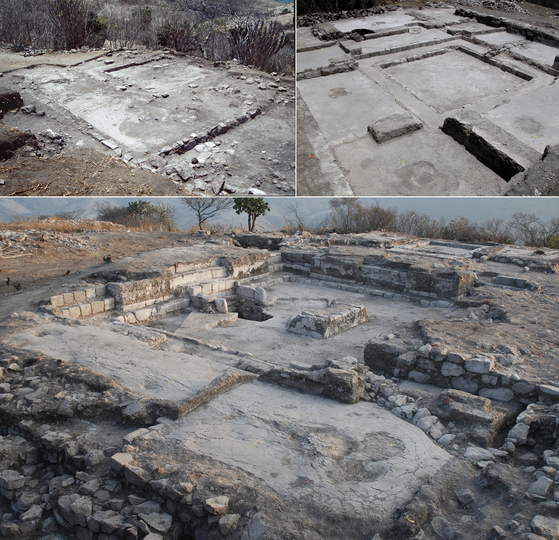 Three excavated Classic period (ca. 550–750 CE) houses at El Palmillo (Valley of Oaxaca, Mexico). Bottom: the largest and most elaborate residential structure (Platform 11). Top right: a less elaborate residence (Structure 35). Top Left: a smaller residence (Terrace 925).