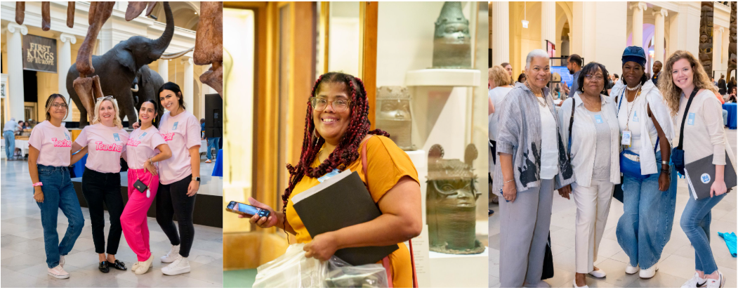 Three images side-by-side, each showing groups of teachers at the museum.