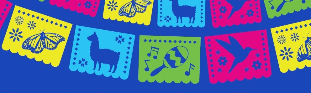 Blue background with colorful papel picado flags