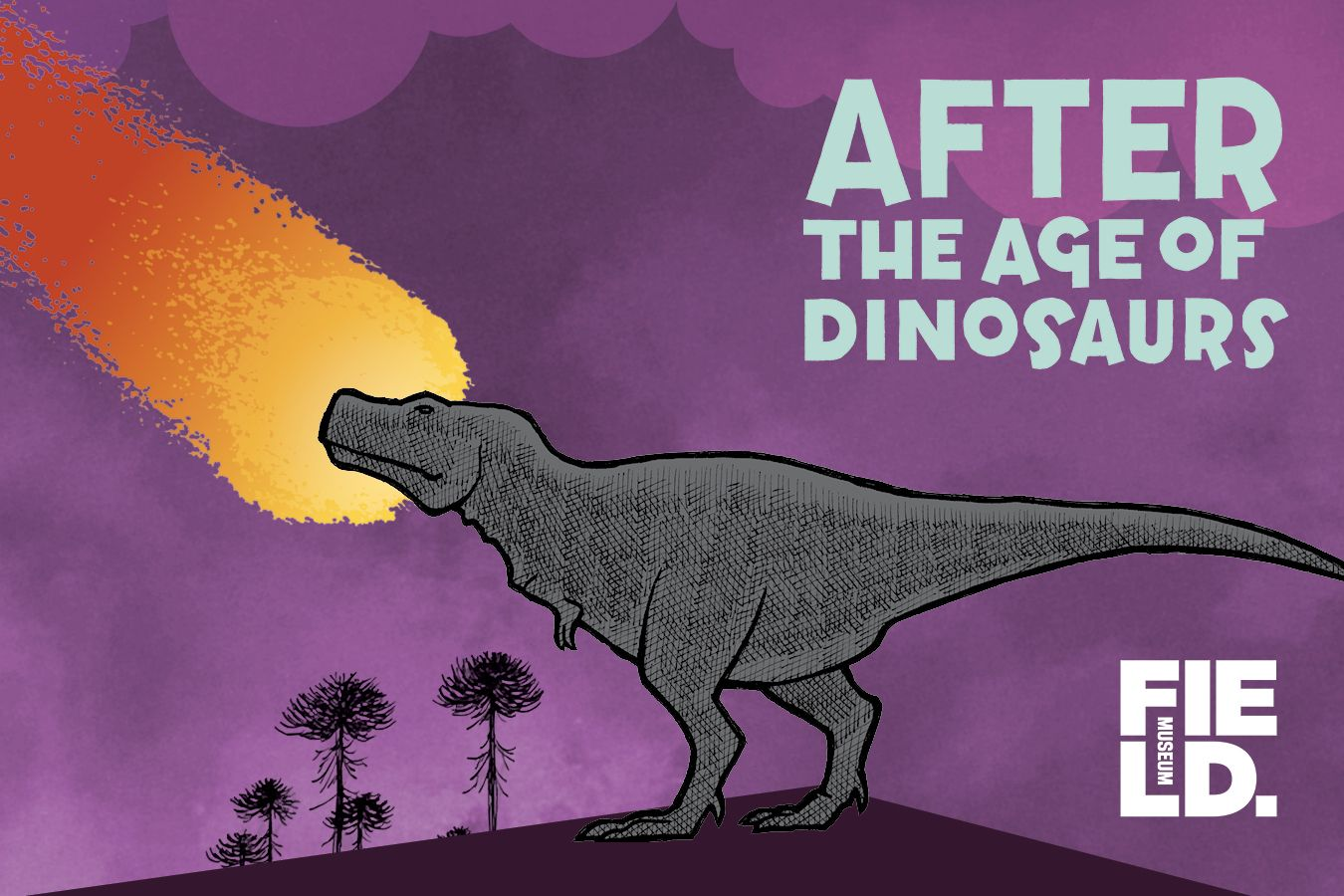 an artistic rendering of a dinosaur standing in front of a purple sky with a yellow and orange glowing fire ball heading towards the ground.