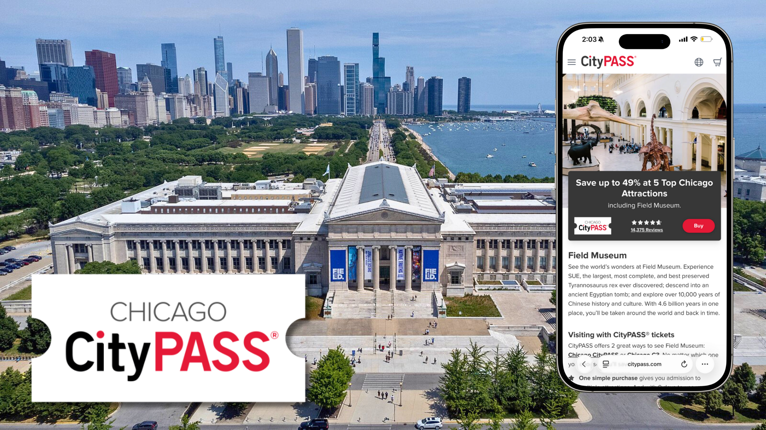 Aerial view of the Field Museum overlaid with Chicago CityPass logo and mobile site