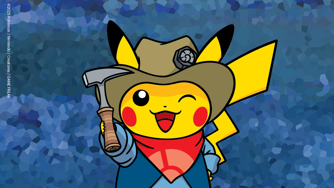 Picachu holding a pick hammer, wearing a red bandana and brown hat.