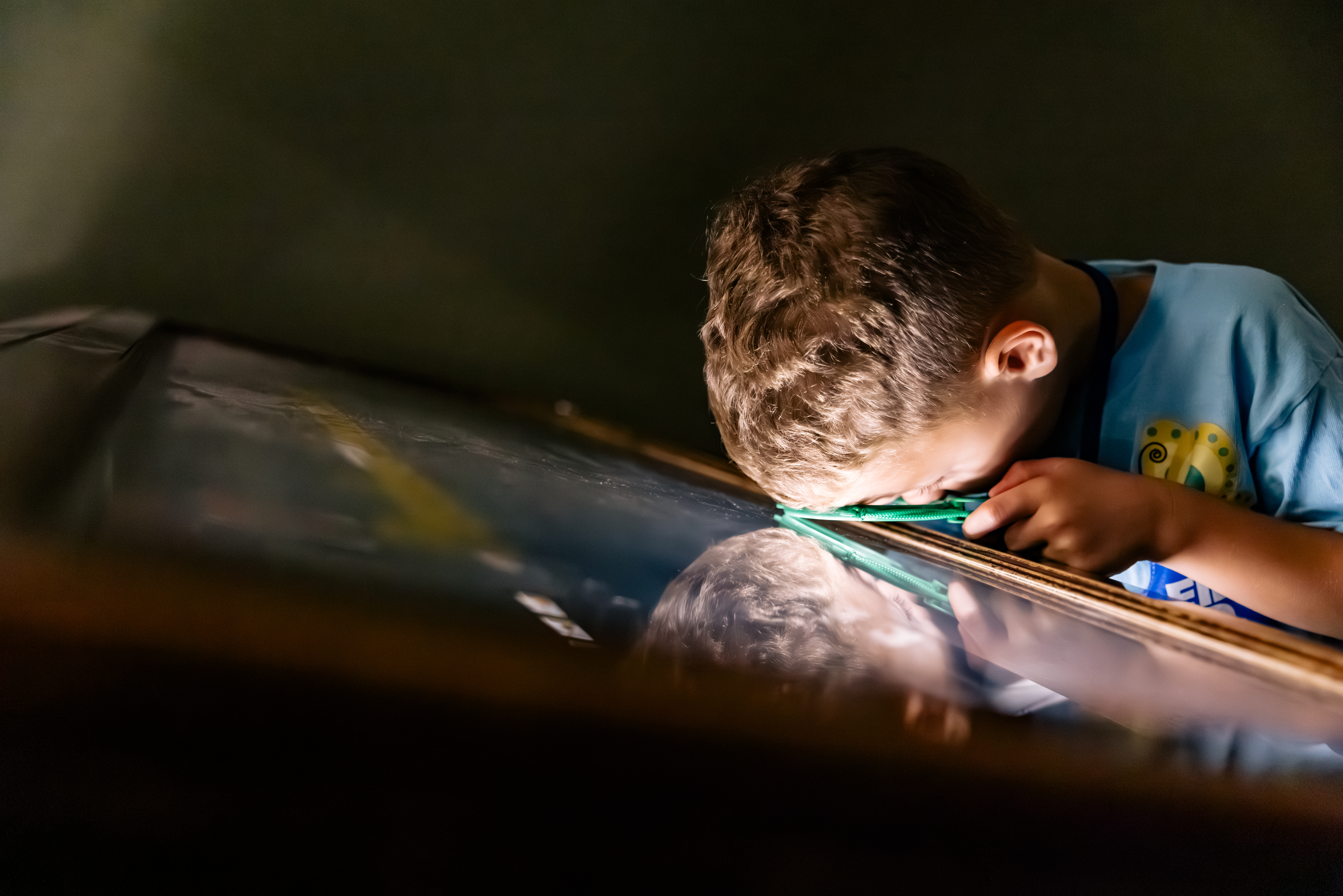 A child bends over pressing his face into a museum display case while looking through a measuring device.