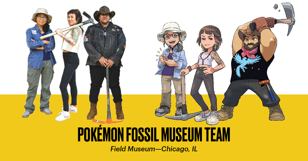 Three museum scientists along side their look-a-like drawings.