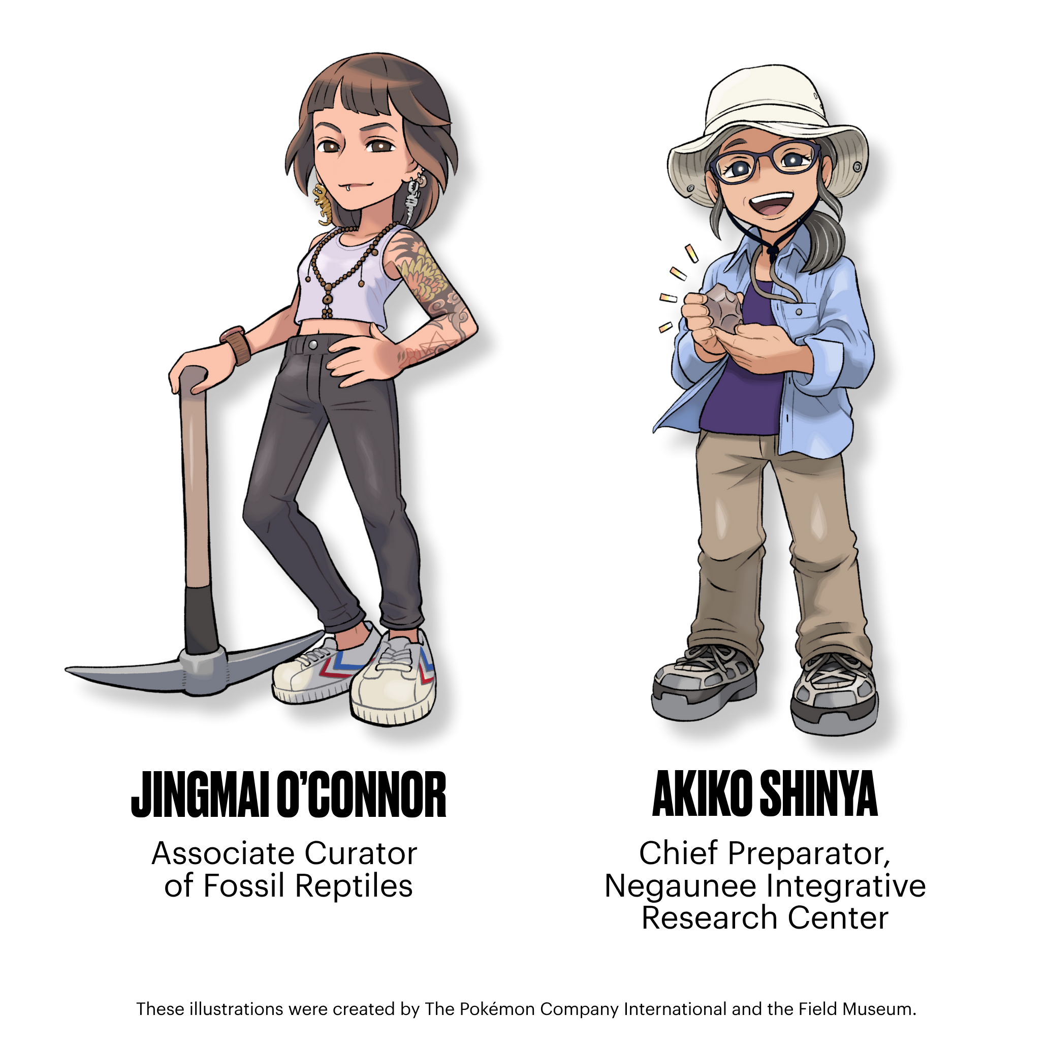 Pokemon style illustrations of museum scientists Jingmai O'Connor and Akiko Shinya