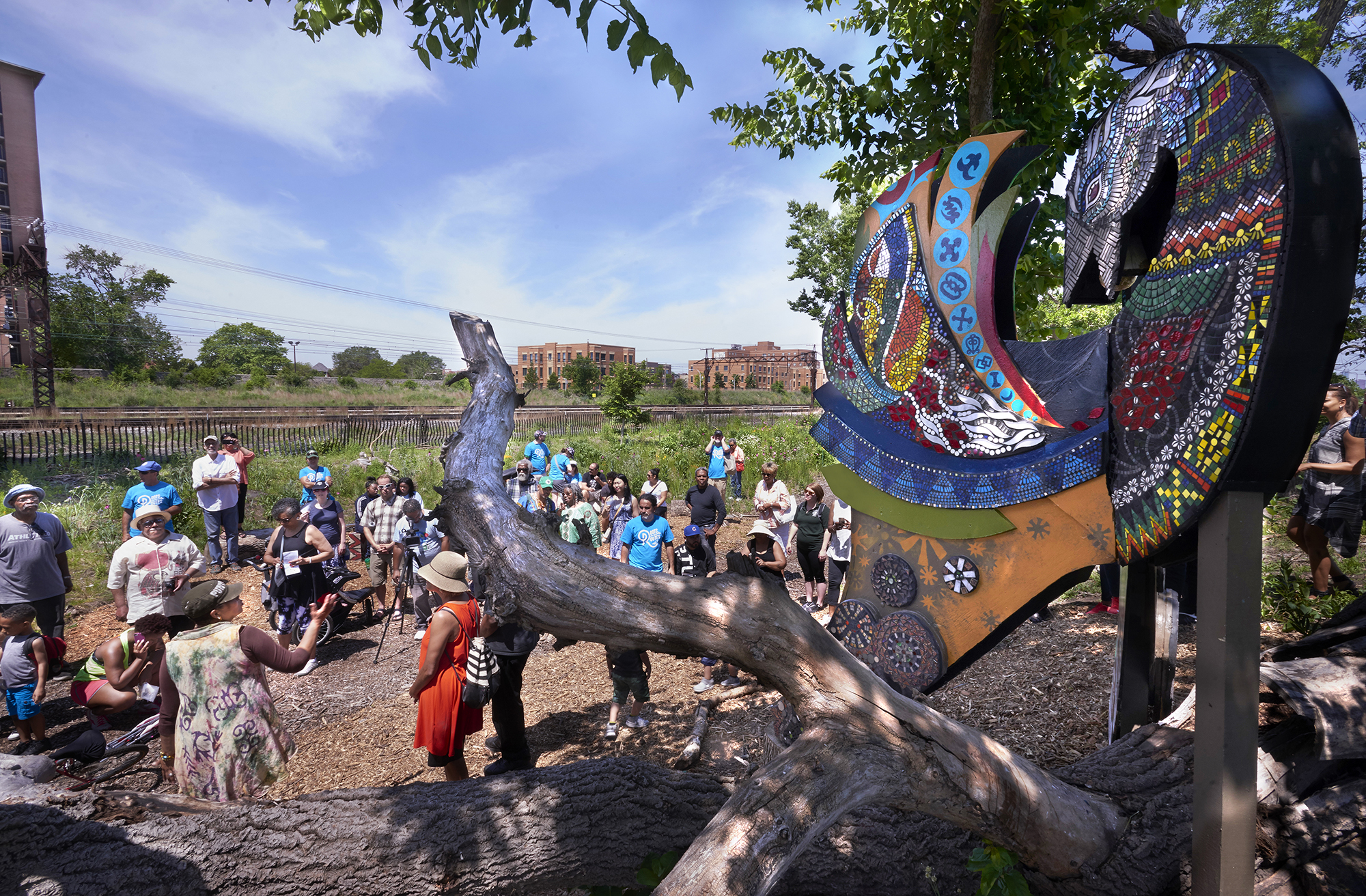 The Sankofa For the Earth Gathering Space features an African “Sankofa” bird made from mixed-media and recycled materials, with a mosaic and a mural representing Bronzeville history.