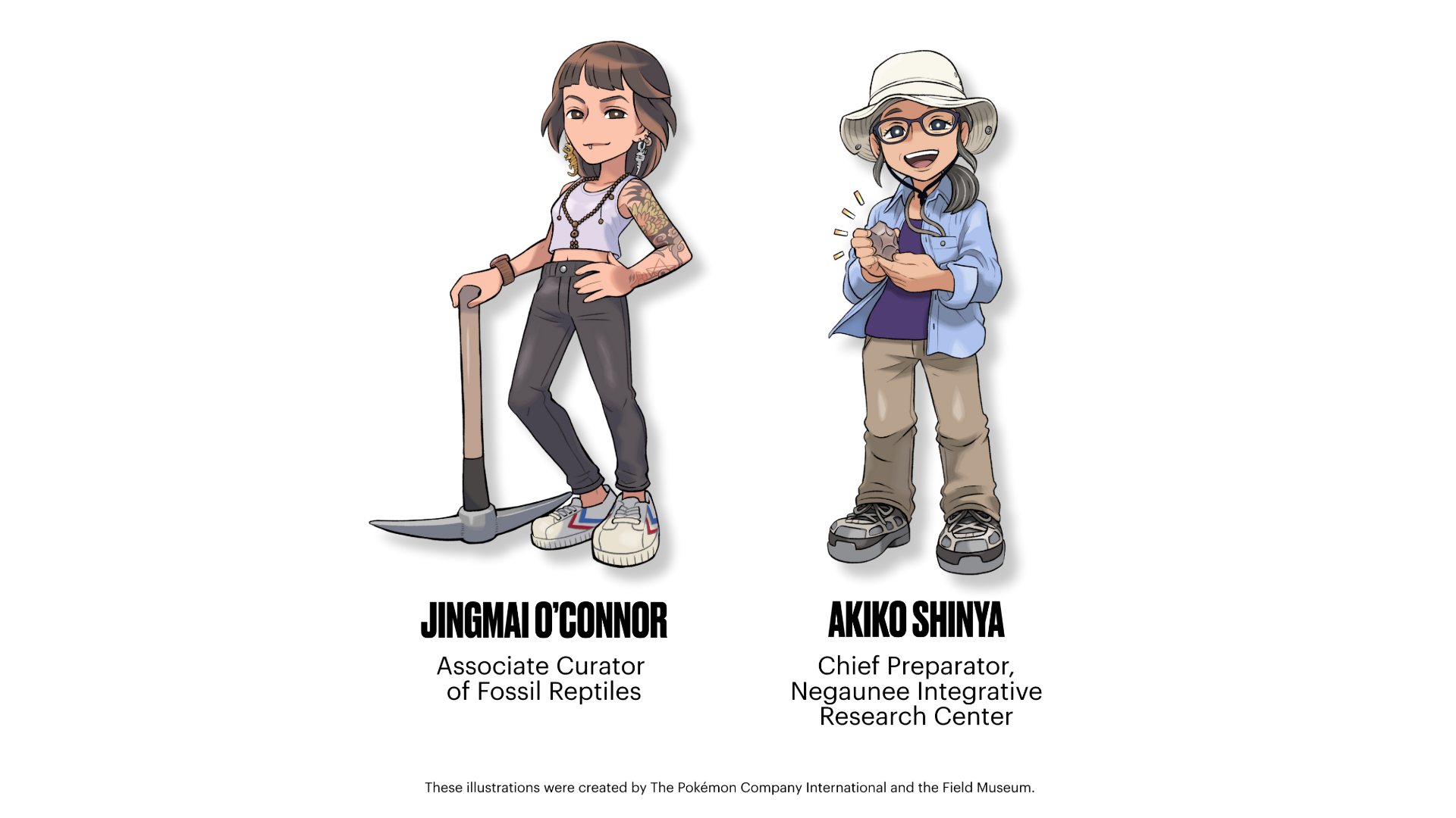 Pokemon style illustrations of museum scientists Jingmai O'Connor and Akiko Shinya