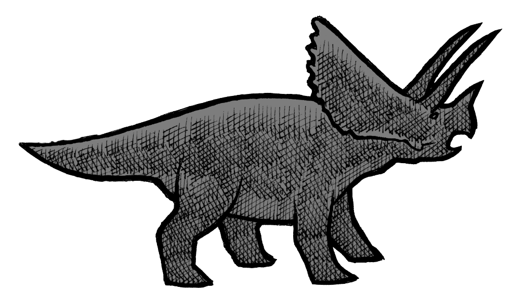 A black and white sketch of the side-view of a live triceratops