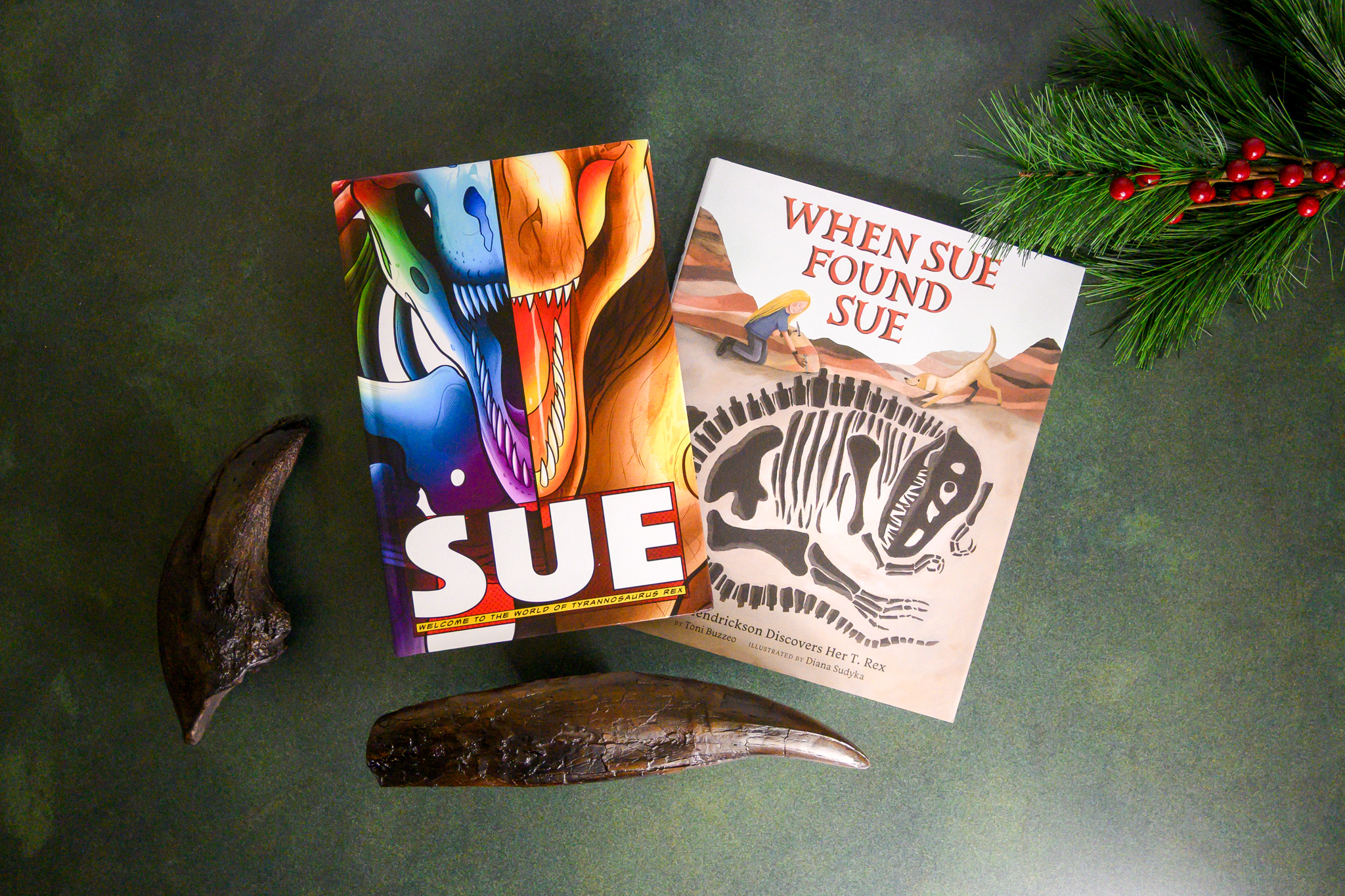 SUE-inspired gifts: replica tooth and claw, SUE comic book, and picture book When Sue Found SUE