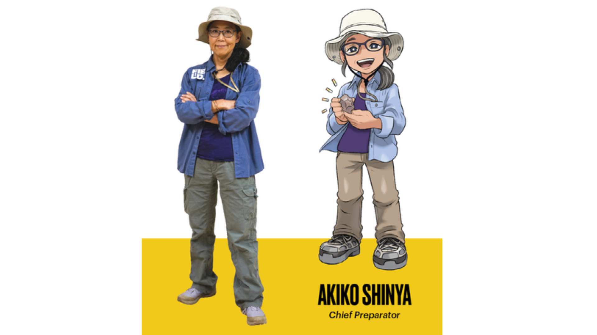 A full-body portrait of Akiko Shinya in cargo pants, denim shirt, sneakers, and expedition hat next to her Pokémon avatar, who smiles while holding a small fossil.