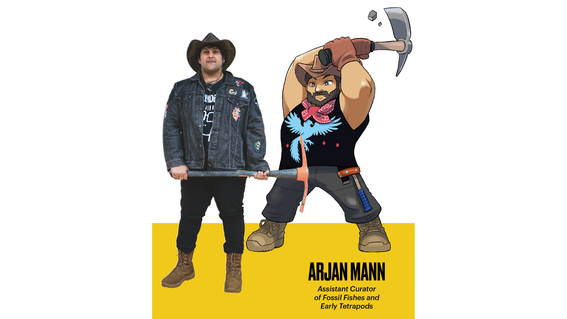 A full-body portrait of Arjan Mann in black jeans, boots, and expedition hat next to his Pokémon avatar, who raises a pickaxe.
