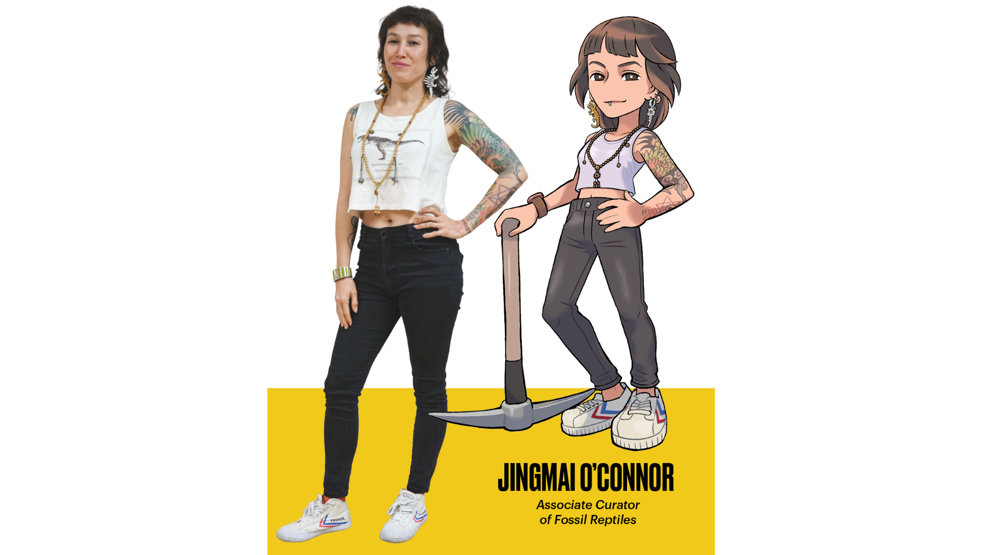 A full-body portrait of Jingmai O'Connor in a white crop top, back jeans, and white sneakers next to her avatar illustrated in the style of Pokémon: complete with tattoos, fossil earrings, and pickaxe.