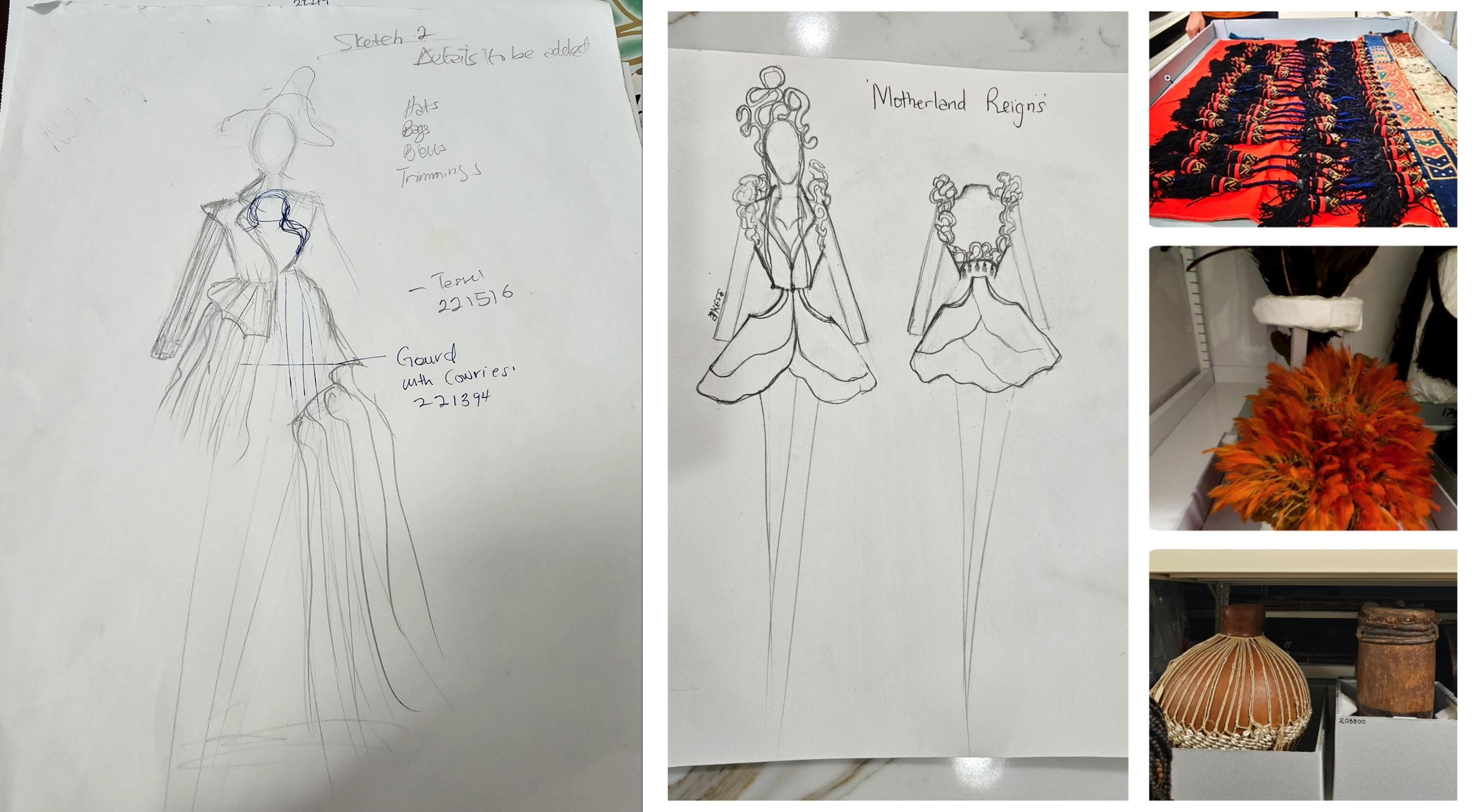 Two pencil sketches of designs for a gown and headpiece next to images of the collections items that inspired them: dark blue and black tassels, bright orange plumage, and items made of gourd, twine, and cowrie shells.