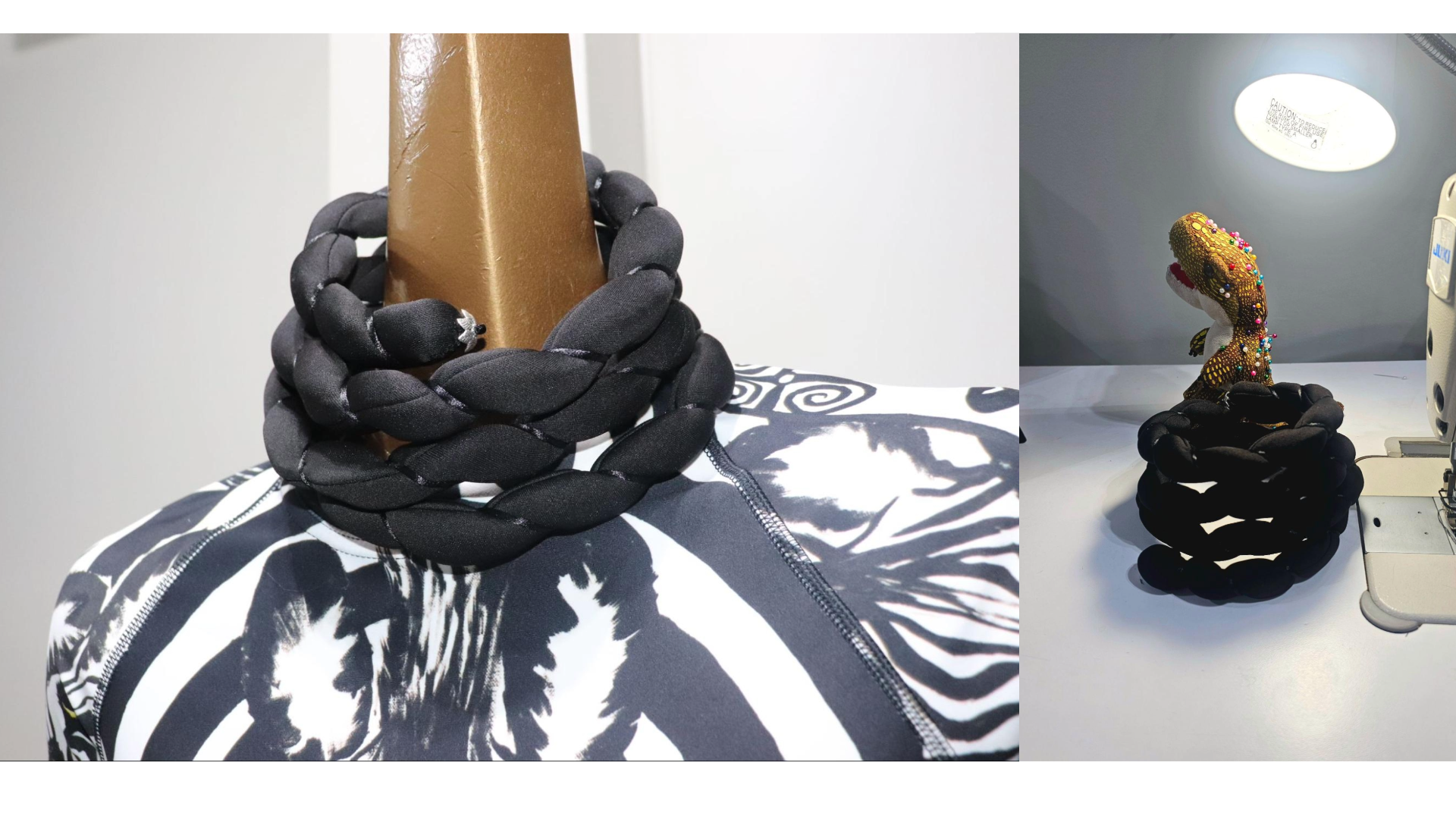 Two images side-by side: a neckpiece composed of four tight, thick coils covered in black fabric on a mannequin, and the same piece on a table next to a sewing machine and T. rex pincushion.