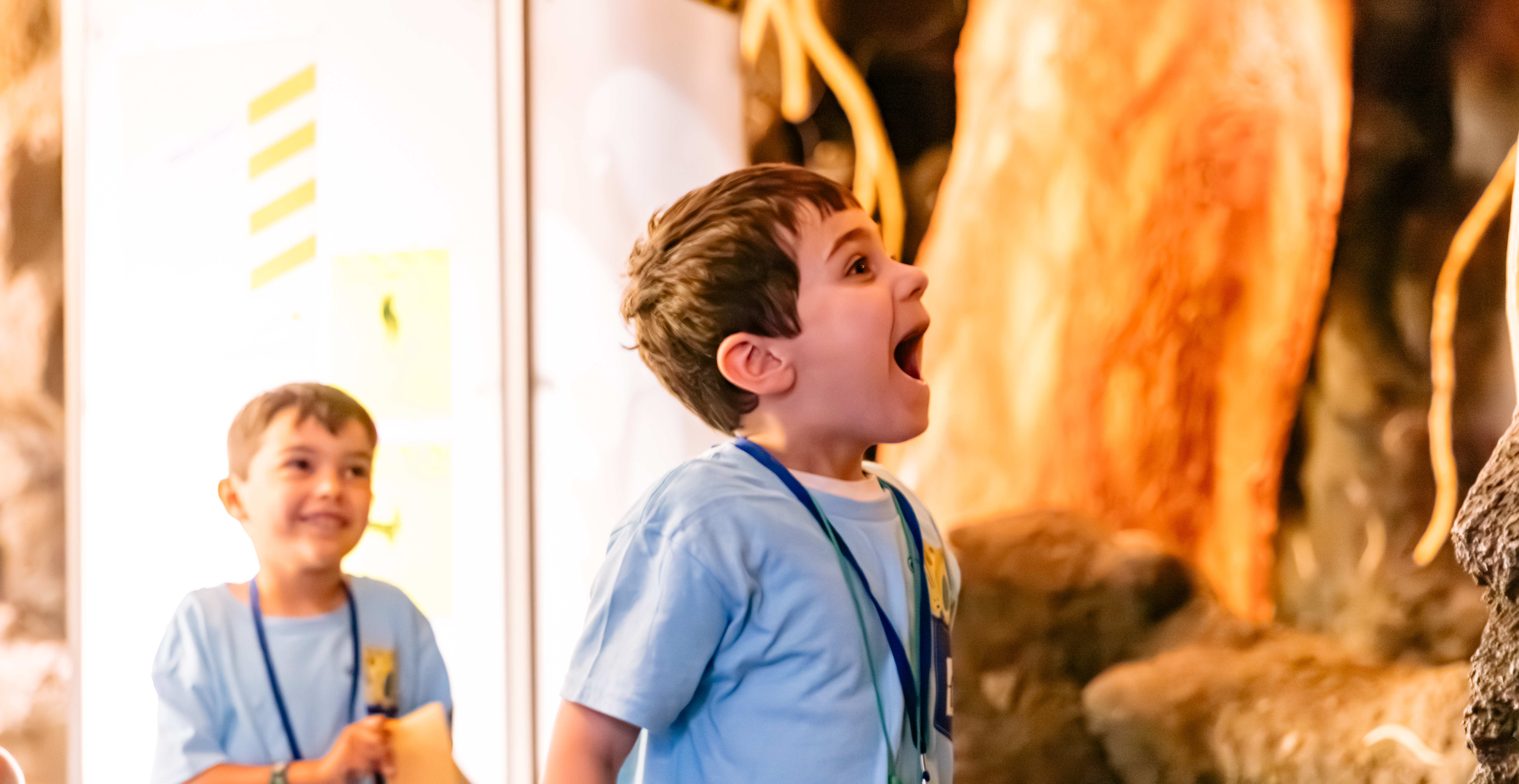 Two young boys smile brightly while exploring an exhibition: one with eyes and mouth wide open in amazement.