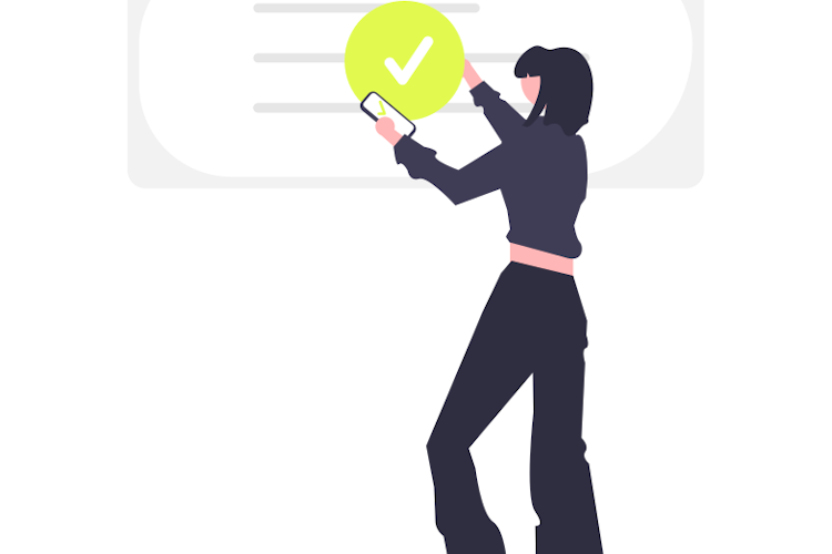 an illustration of a woman applying a checkmark to a body of text, implying it has been authenticated