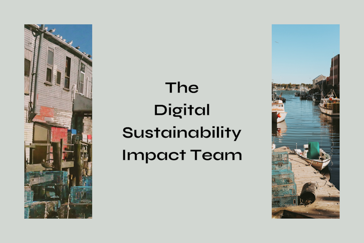 on the right and left is an image of a dock in Portland, Maine. In the middle of the two images is the text "The Digital Sustainability Impact Team"
