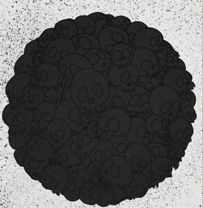 multiple black skulls on black round background with hand embellished black paint splatter 