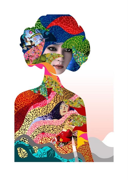 Miss Bugs print of a vivid multi-colored and textured woman's standing silhouette 