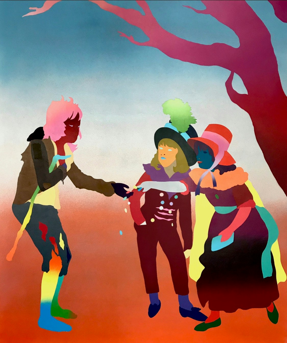 Painting of two multi-colored figures donating change to a vagabond