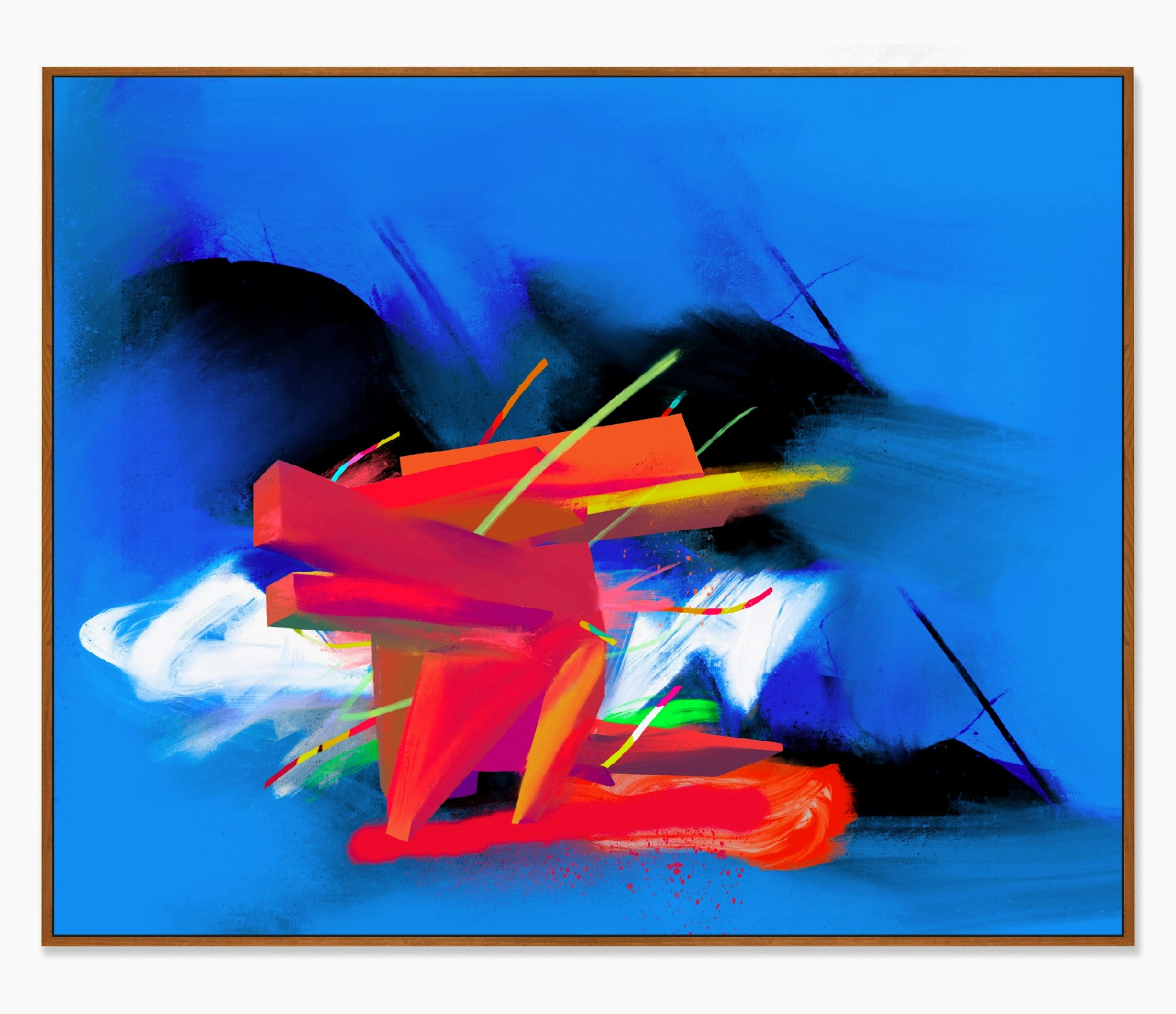 Red and Orange 3D abstraction with blue backgound