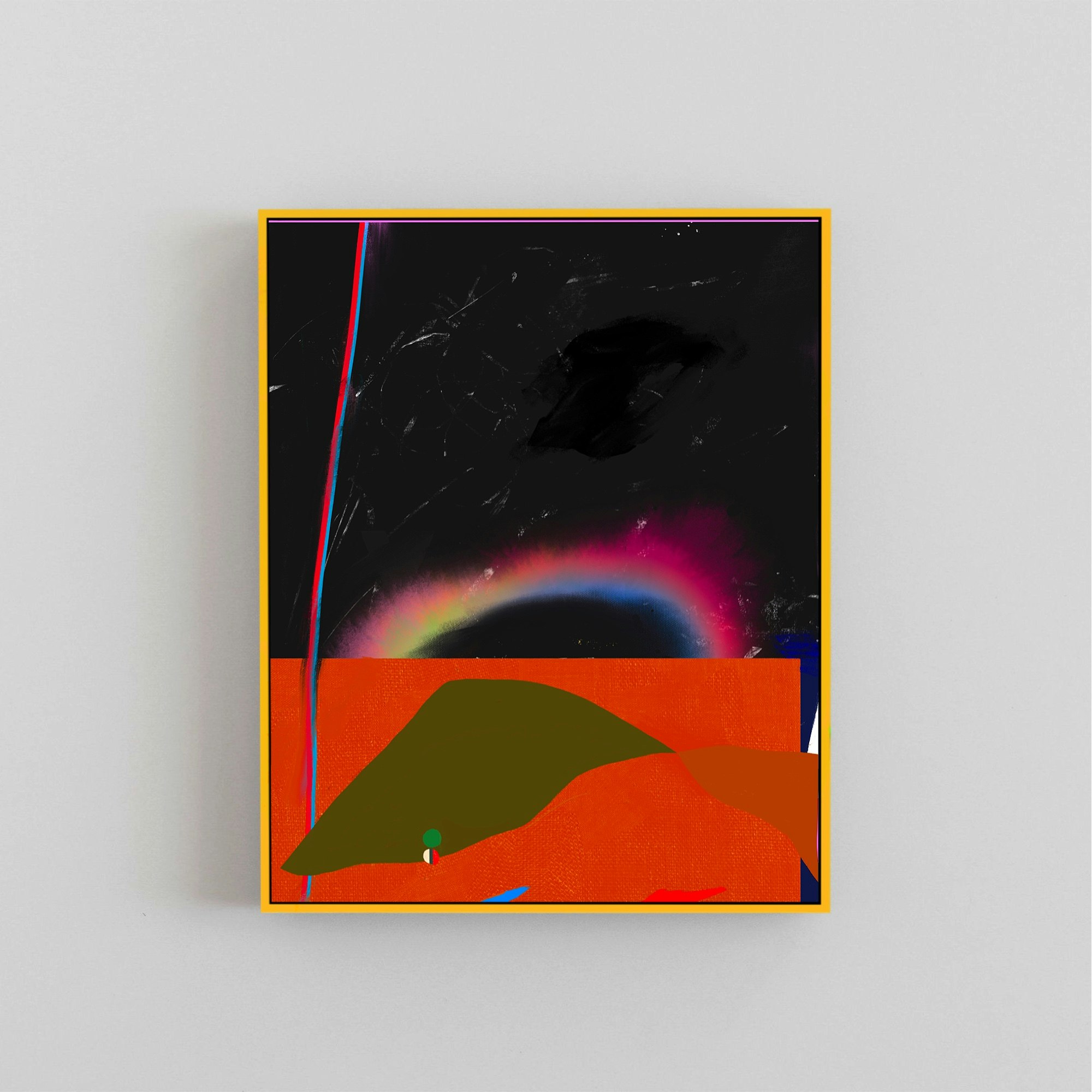 Black and Orange split abstract with a rainbow hue across the center