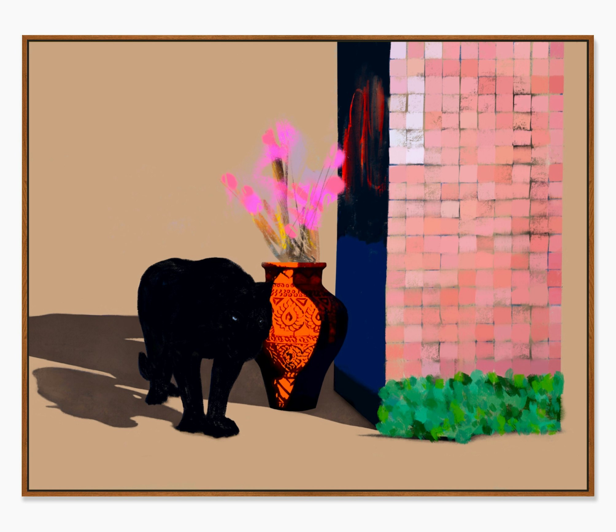 Black Panther of Orange Vase with Pink Flowers next to exposed brick wall