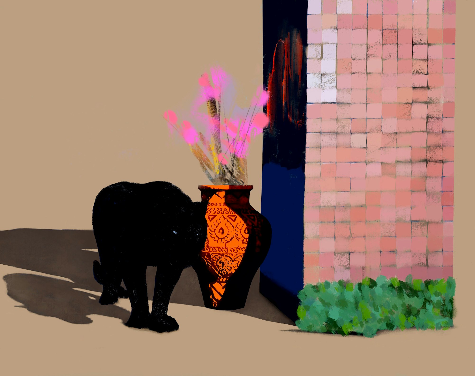 Black Panther of Orange Vase with Pink Flowers next to exposed brick wall