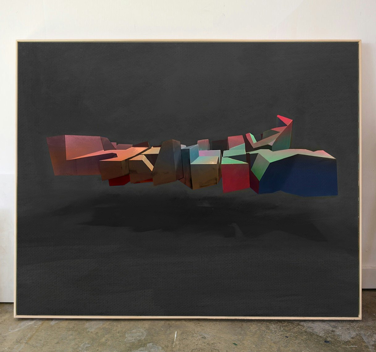 3D floating abstract block formation with dark grey background