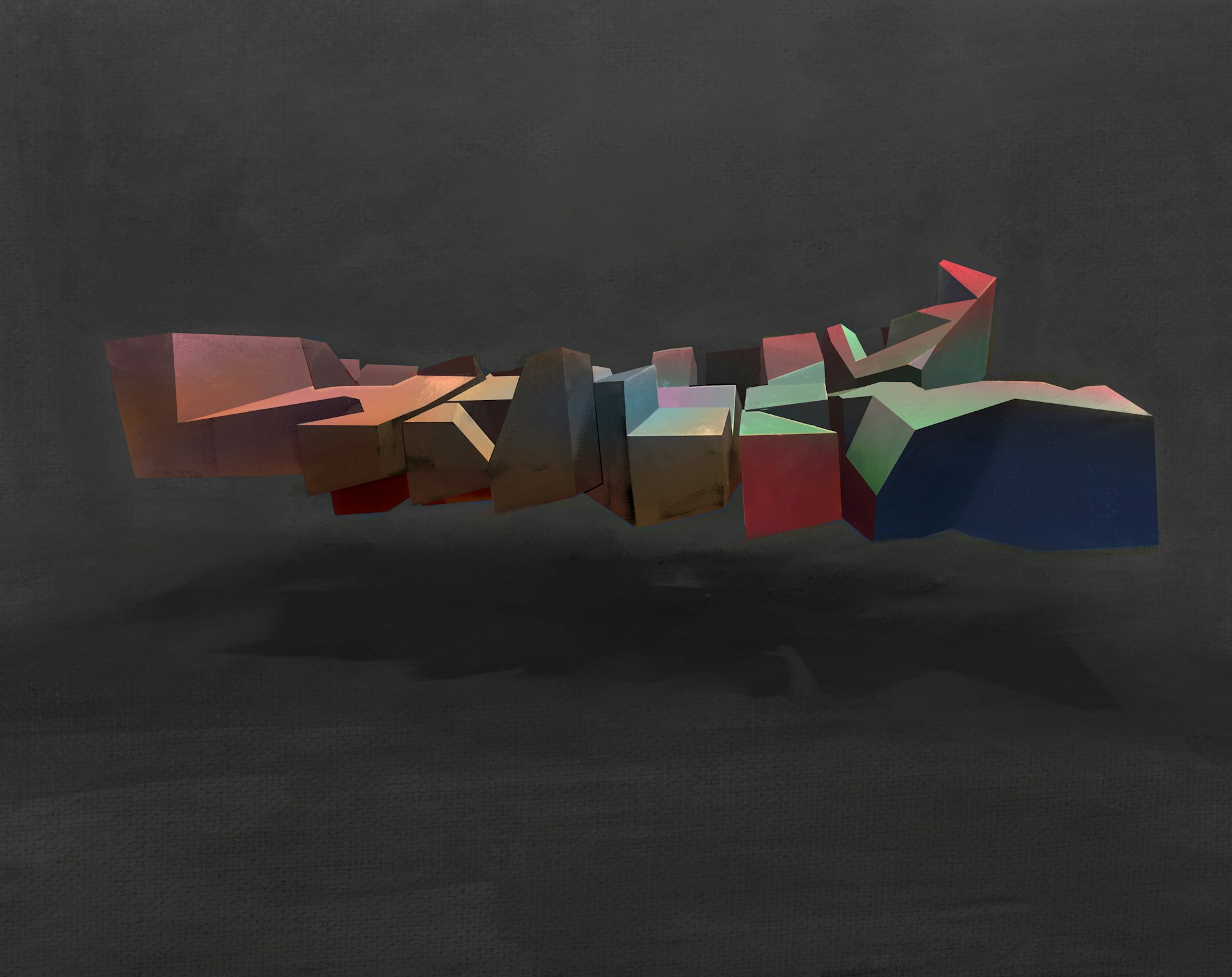 3D floating abstract block formation with dark grey background