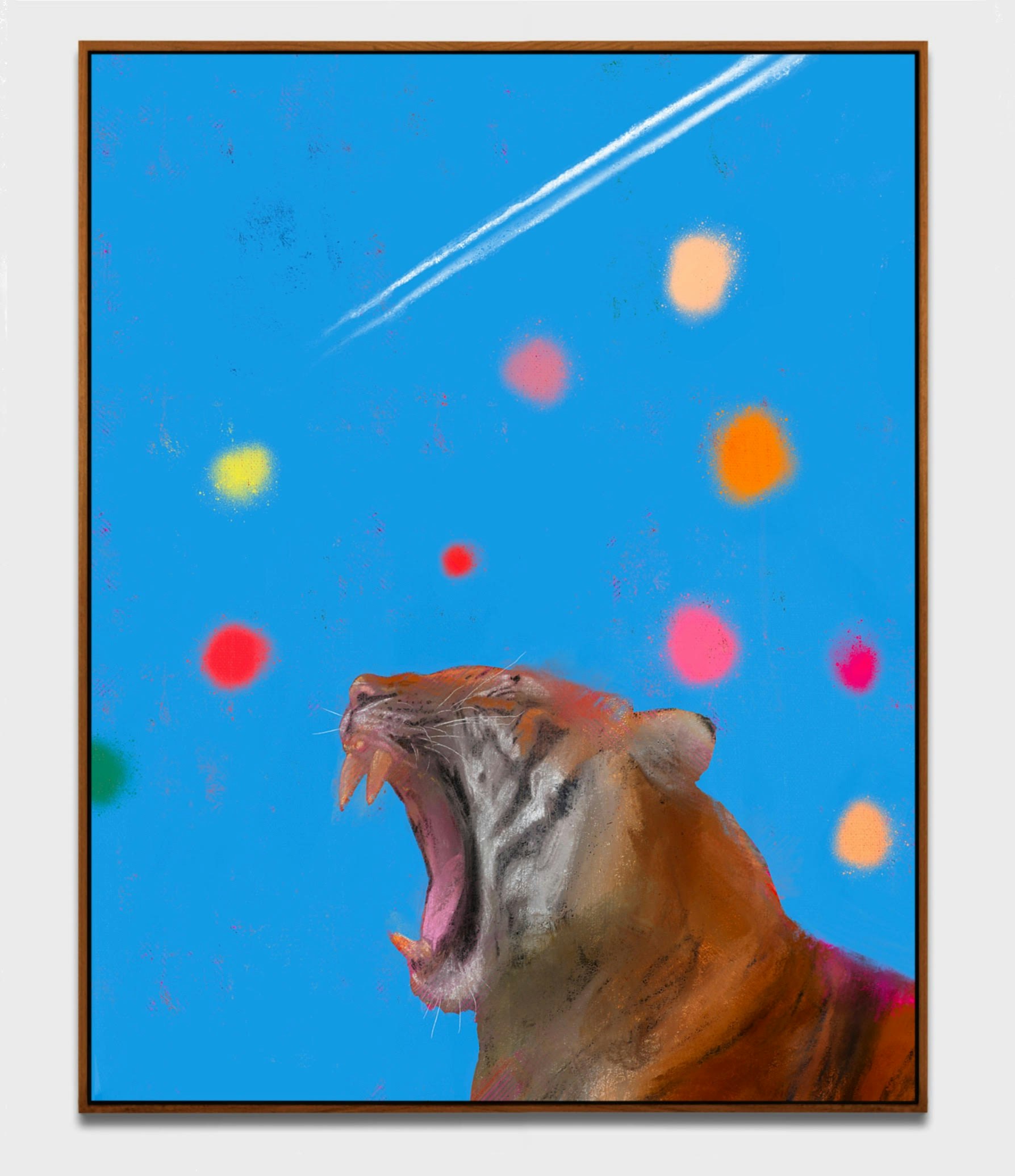 Roaring Tiger over blue background and red dots