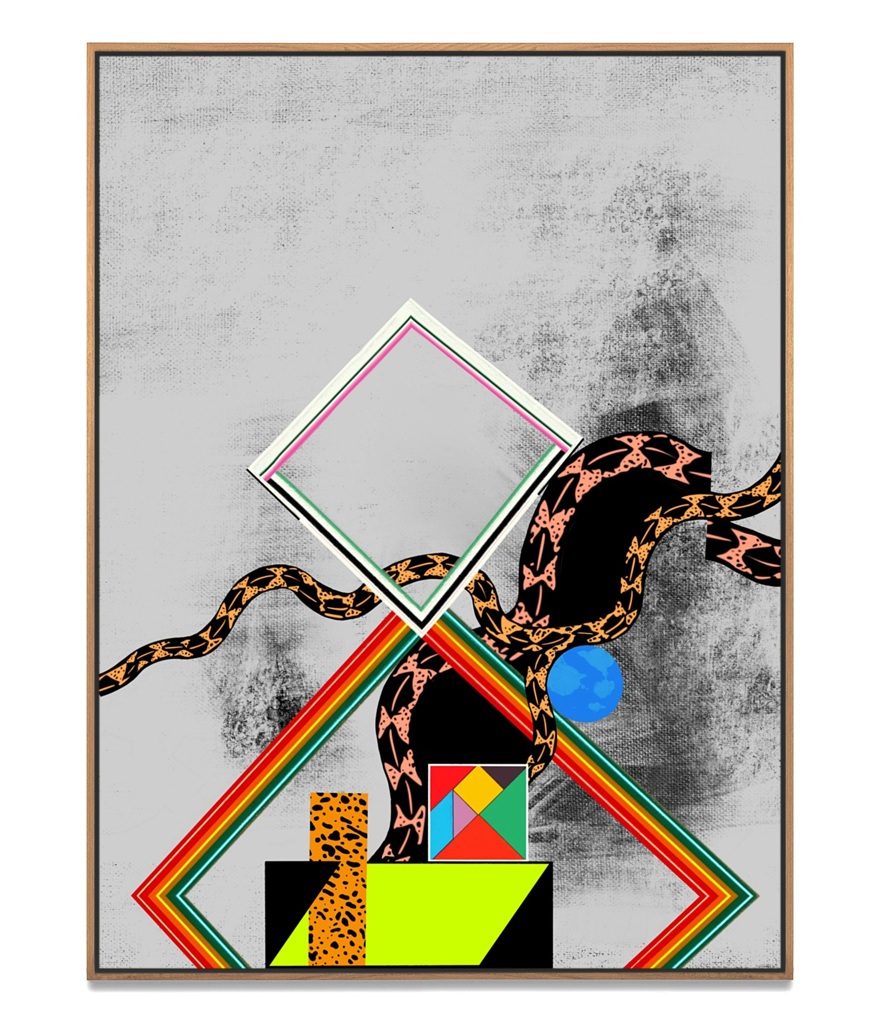 Geometric abstract with snake skins and multi color shapes