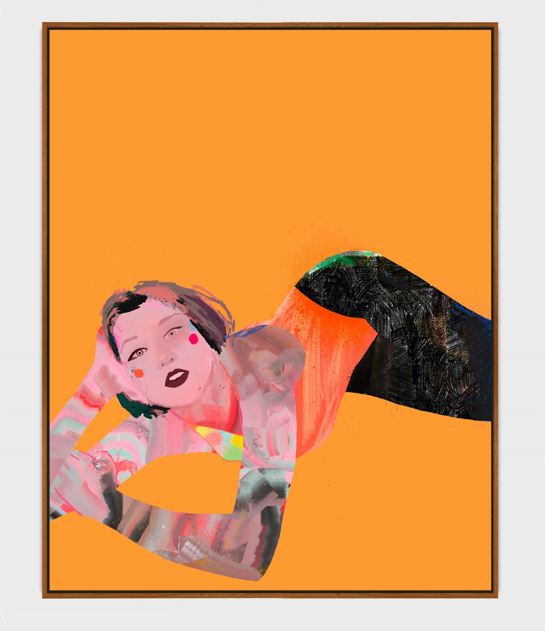 Lounging woman with abstract tattoos orange background