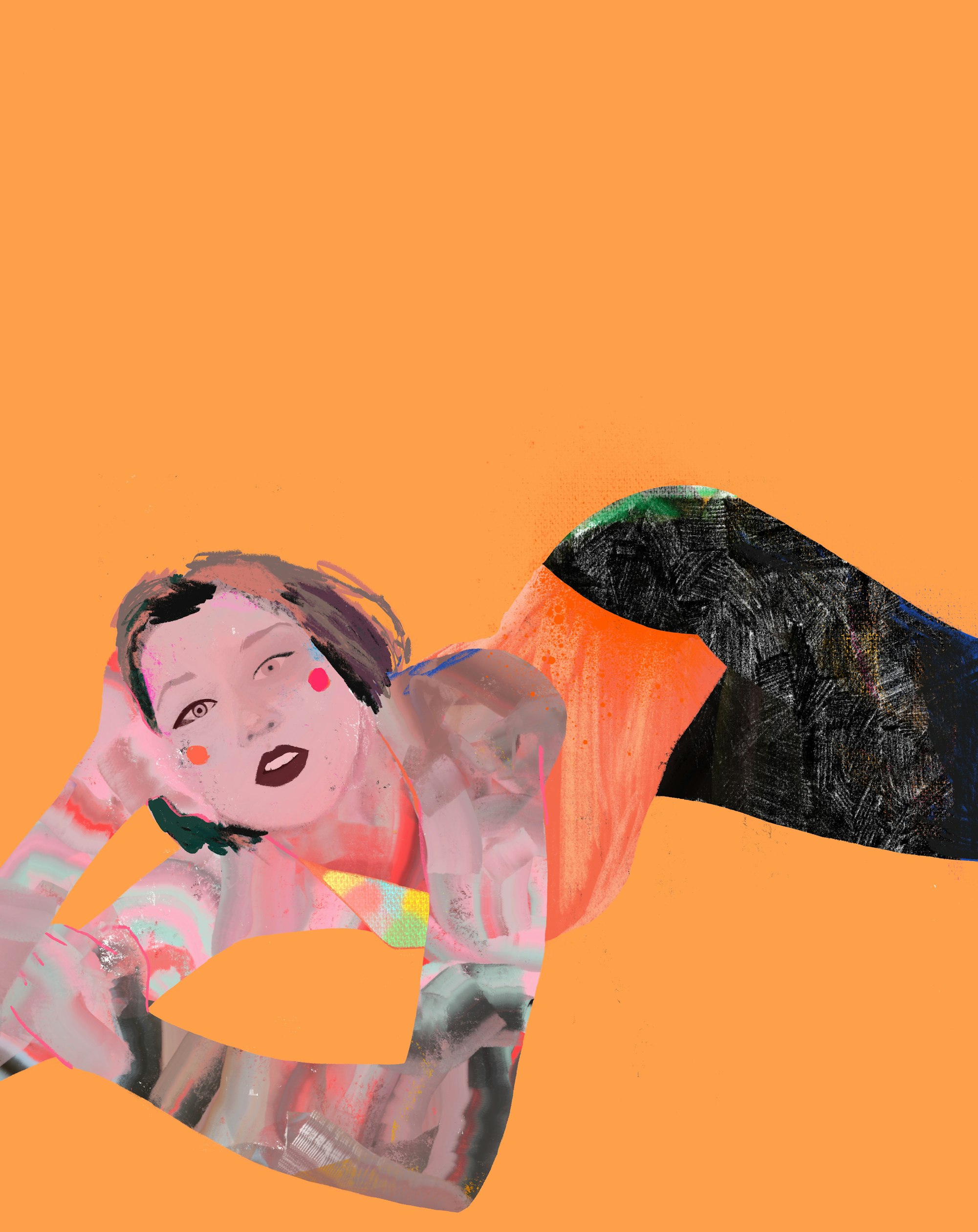 Lounging woman with abstract tattoos orange background
