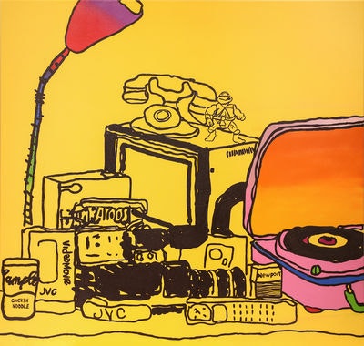 pink record player and miscellaneous electronics, yellow background