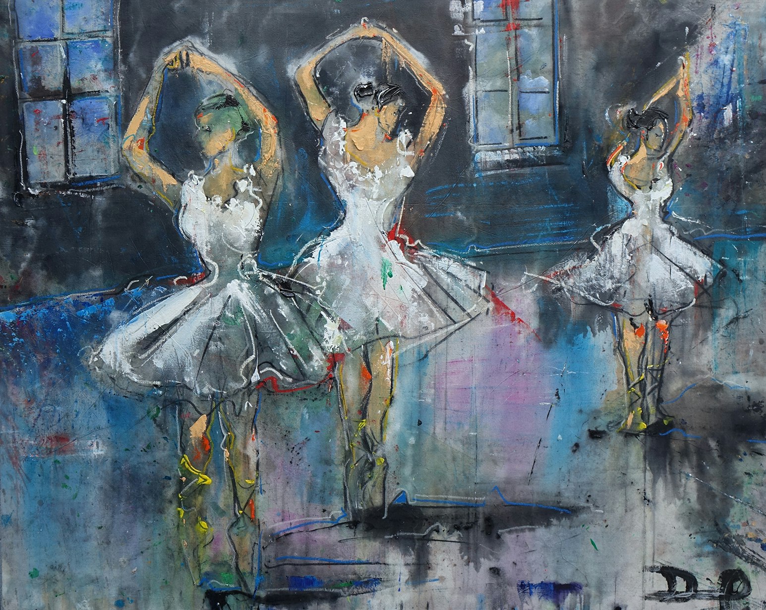 Ballerinas in white dancing, blue and black base colors