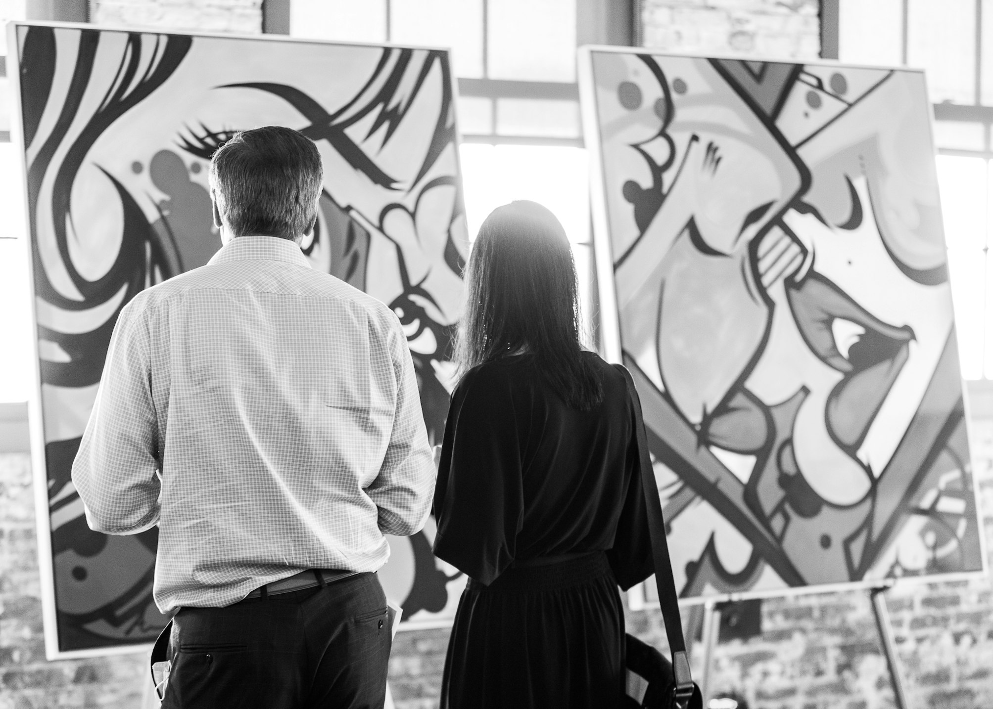 staring at artwork black and white